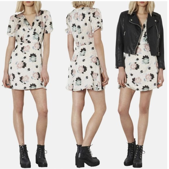 Topshop Floral Polka Dot Tea Dress Puff Ruched Sleeves V-Neck Slip Corset Summer - Picture 9 of 9